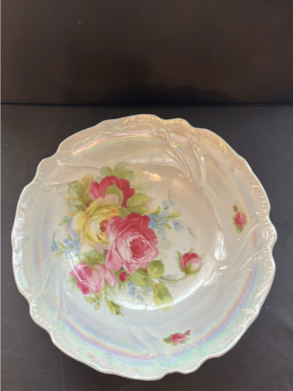 Iridescent Floral Serving Bowl - Pink & Cream Rose Design